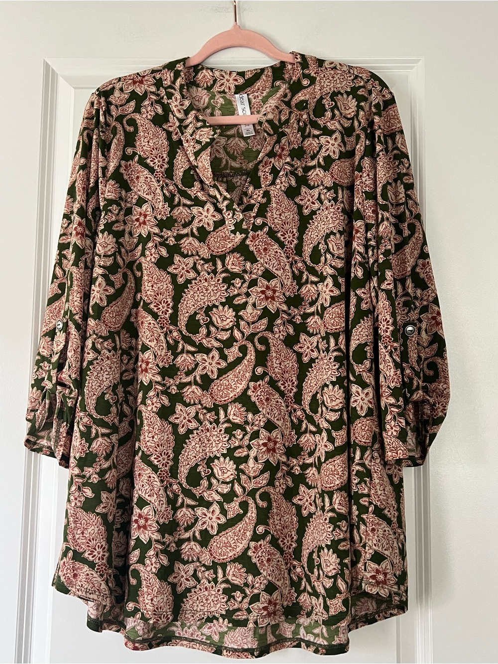 Dear Scarlett Paisley V-Neck Tunic Top in Olive and Tan